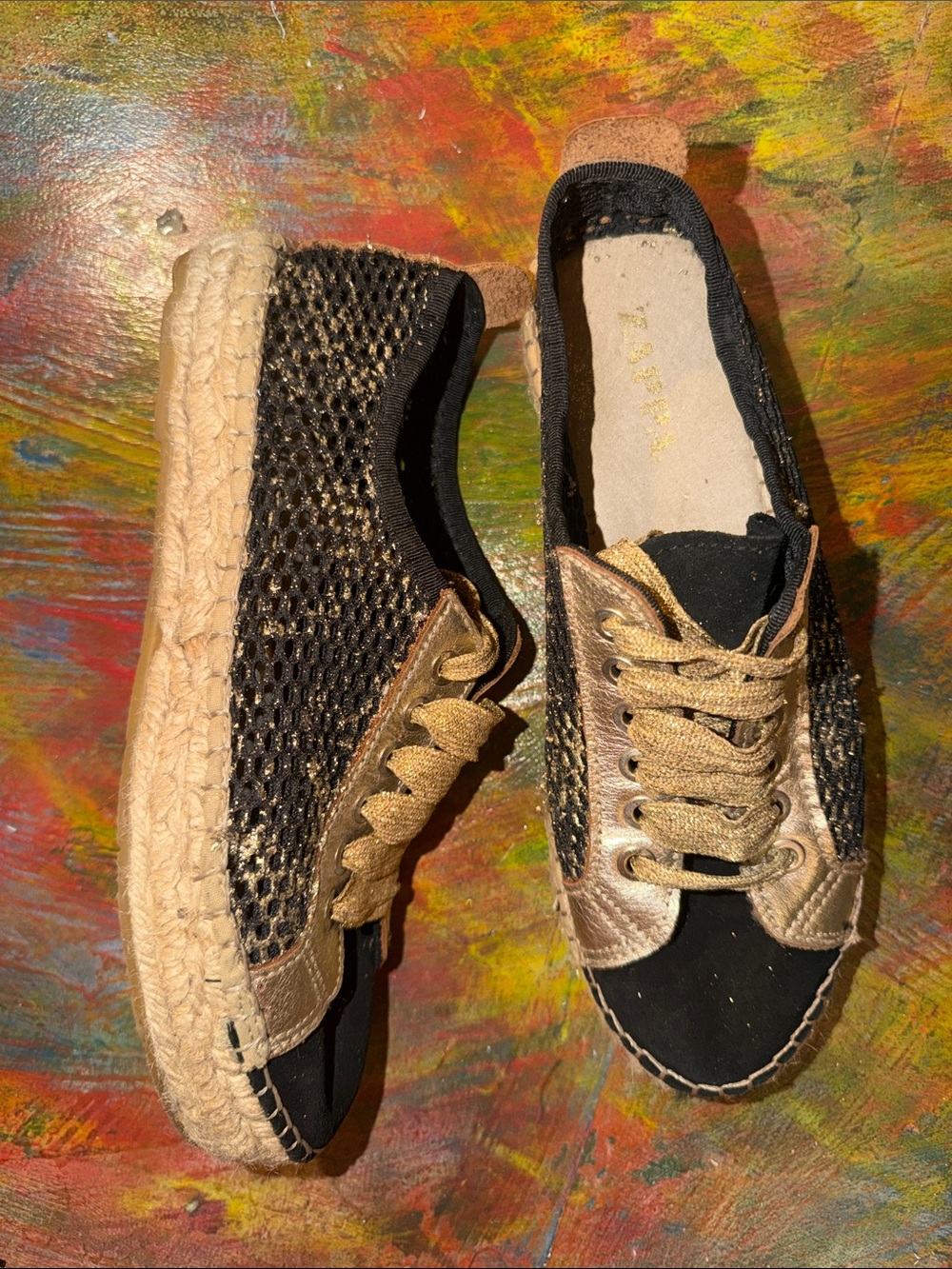 Woven Espadrille Sneaker in Black & Gold Sz. 38 Shoes NEW Net W. Laces Flat Mesh